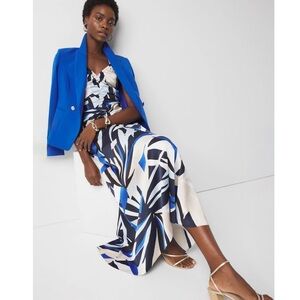 WHBM Satin Halter Maxi Dress SIZE 6 blue black white  tropical resortwear chic